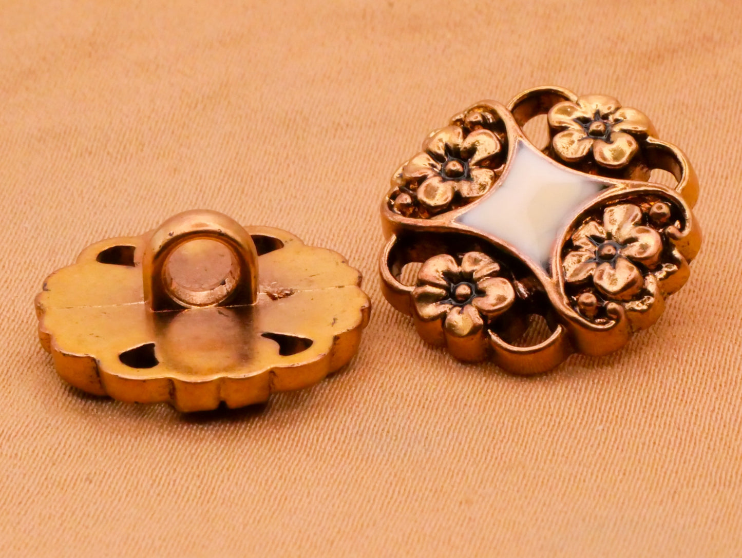 Flower Corners Ivory Enamel Gold Plastic Pair of Buttons 18mm