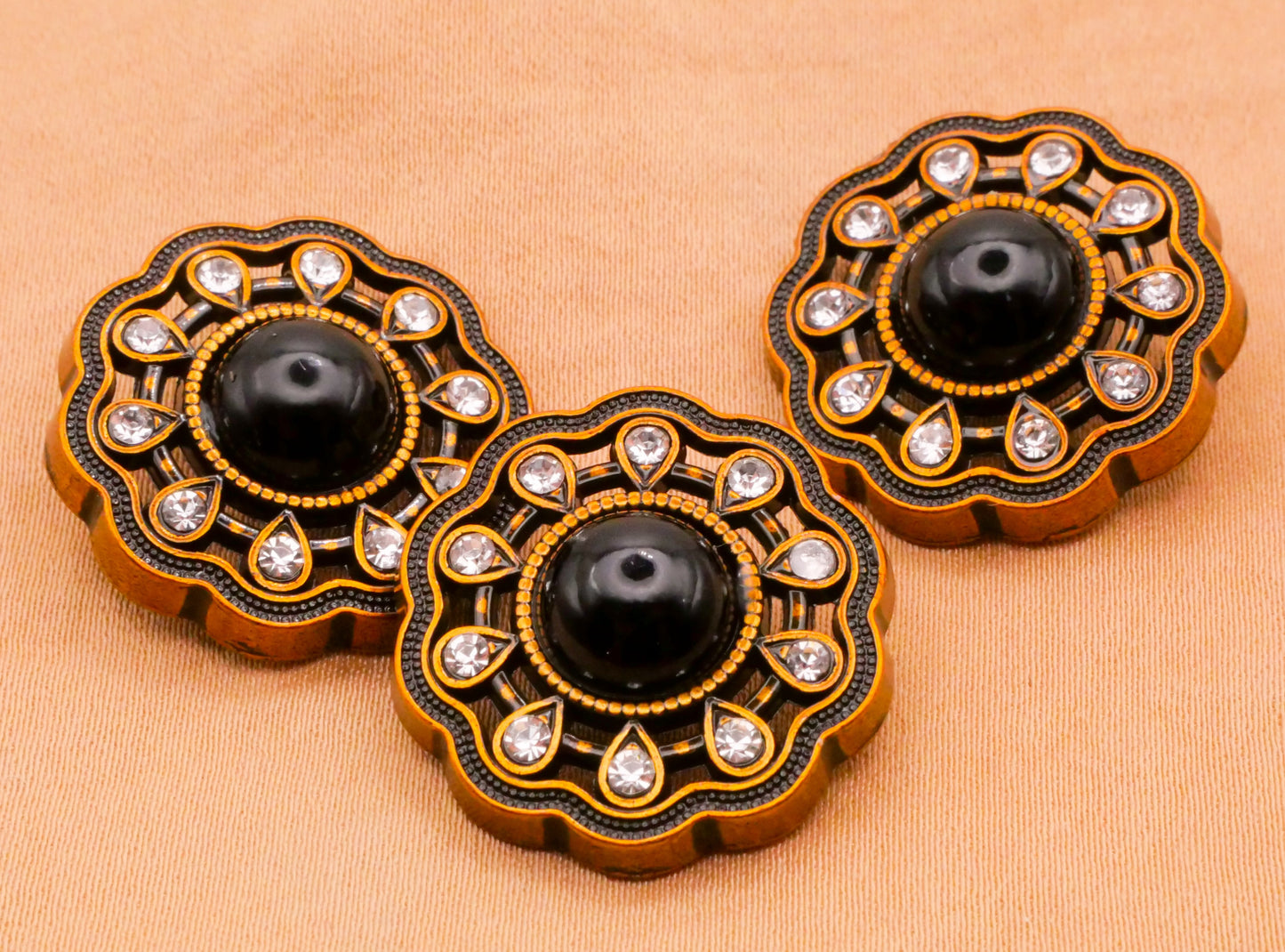 Lace Edge Rhinestone Black Stone Metal Button 22mm