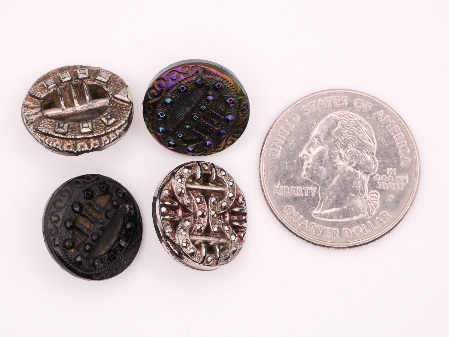 Buckle Black Glass Silver Iridescent Vintage Button Various 16-17mm