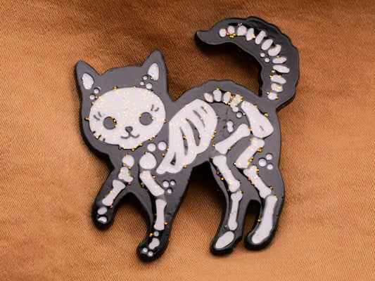 Skeleton Kitty Cat Glitter Black Metal Large Button 38x39mm