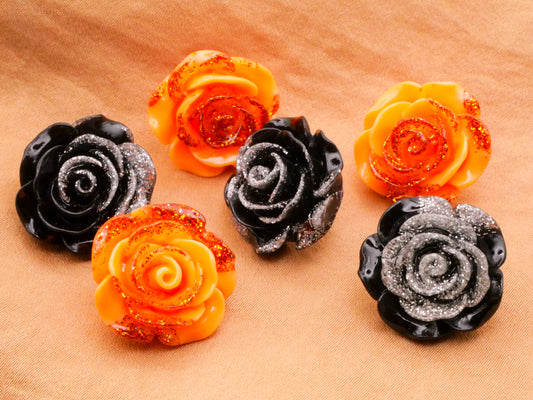 Rose Flower Black Orange Plastic Mix Set of Six Buttons 19mm