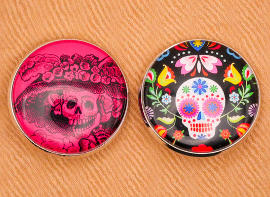 Sugar Skull Skeleton Hat Flowers Glass Dome Silver Metal Button Various 27mm