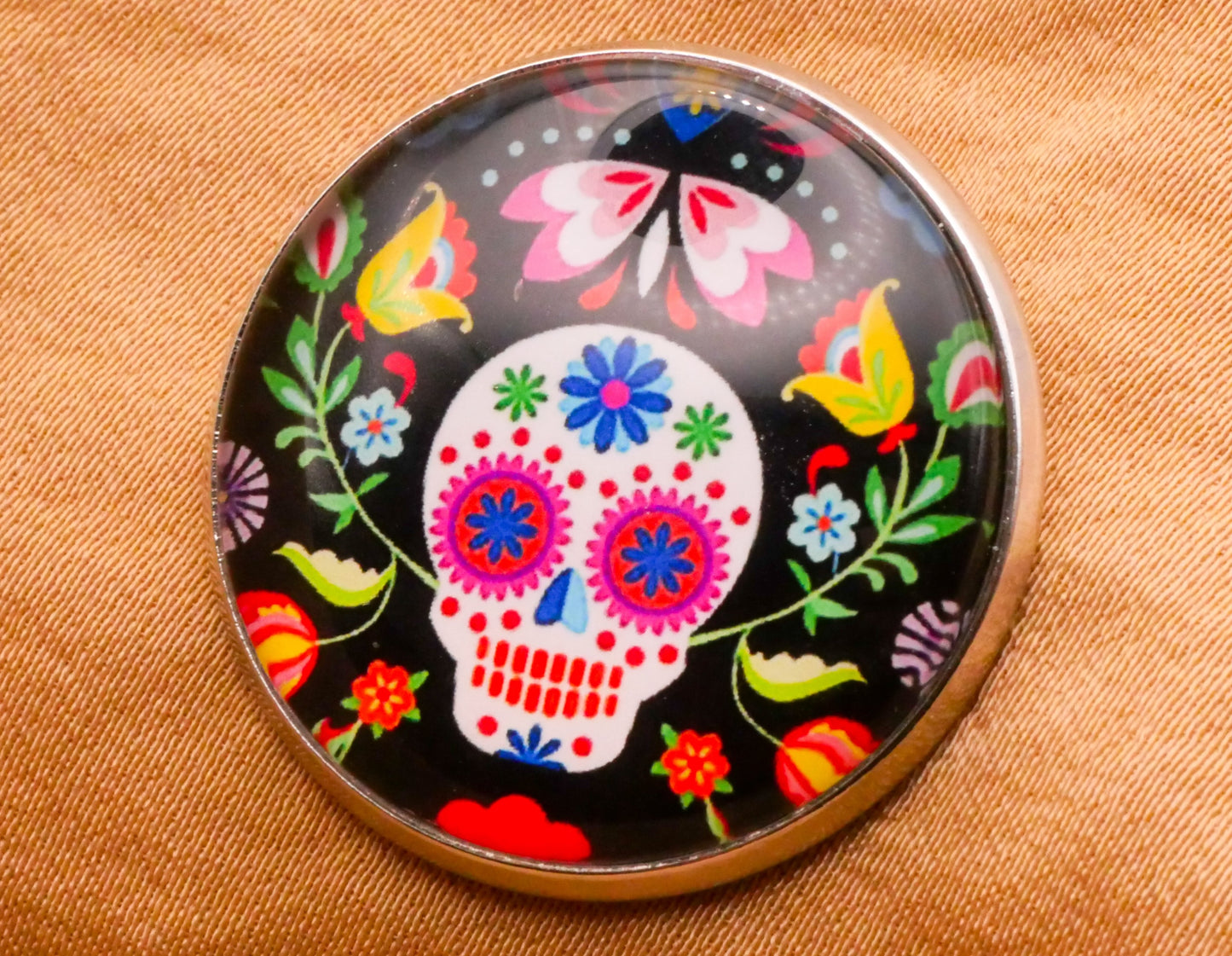 Sugar Skull Skeleton Hat Flowers Glass Dome Silver Metal Button Various 27mm