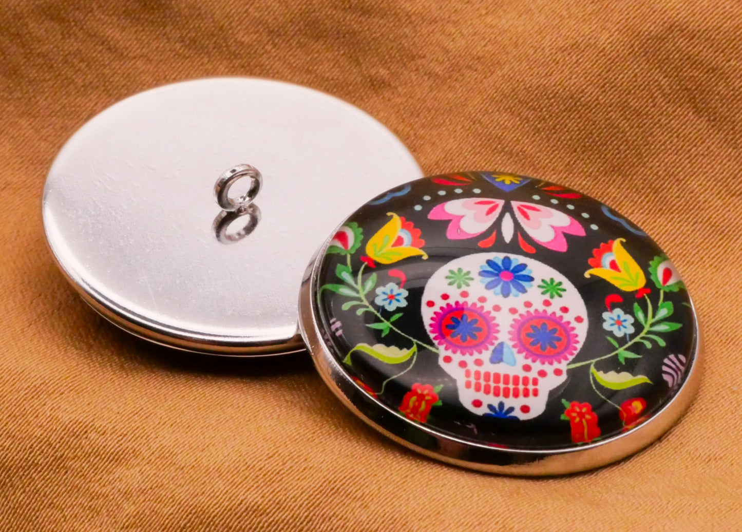 Sugar Skull Skeleton Hat Flowers Glass Dome Silver Metal Button Various 27mm