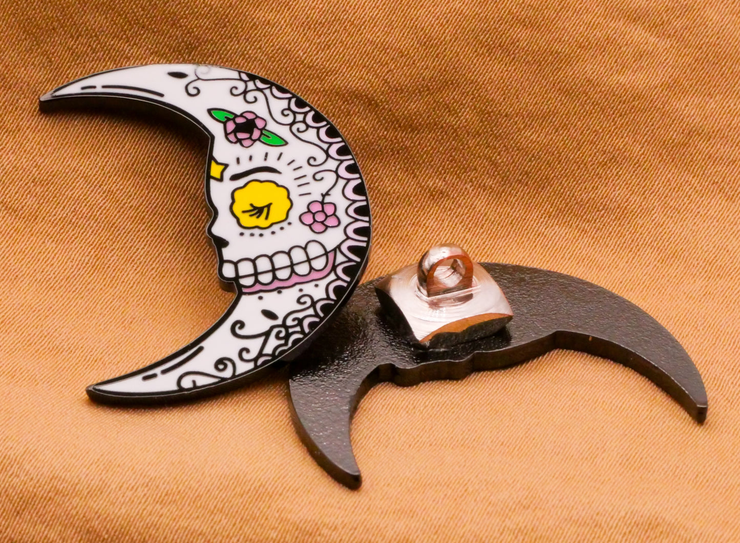 Crescent Moon Sugar Skull Skeleton Metal Button 23x30mm