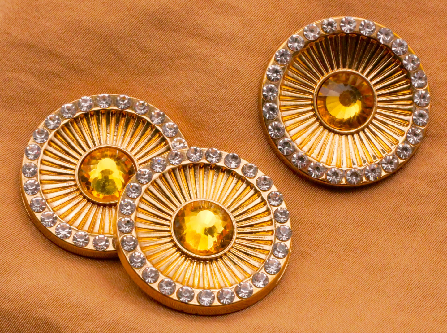 Sun Sunburst Celestial Citrine Glass Rhinestone Gold Metal Button 25mm