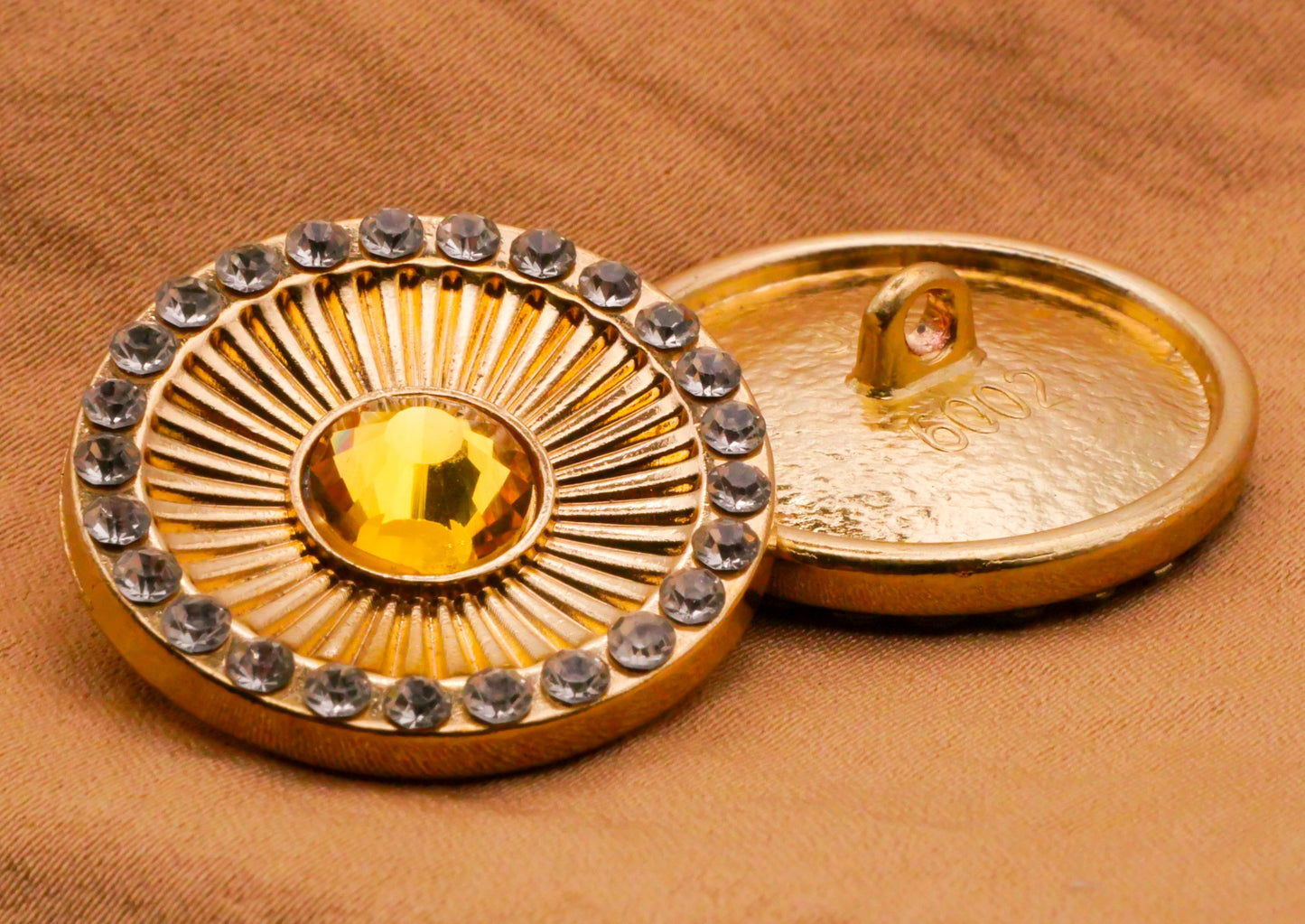 Sun Sunburst Celestial Citrine Glass Rhinestone Gold Metal Button 25mm