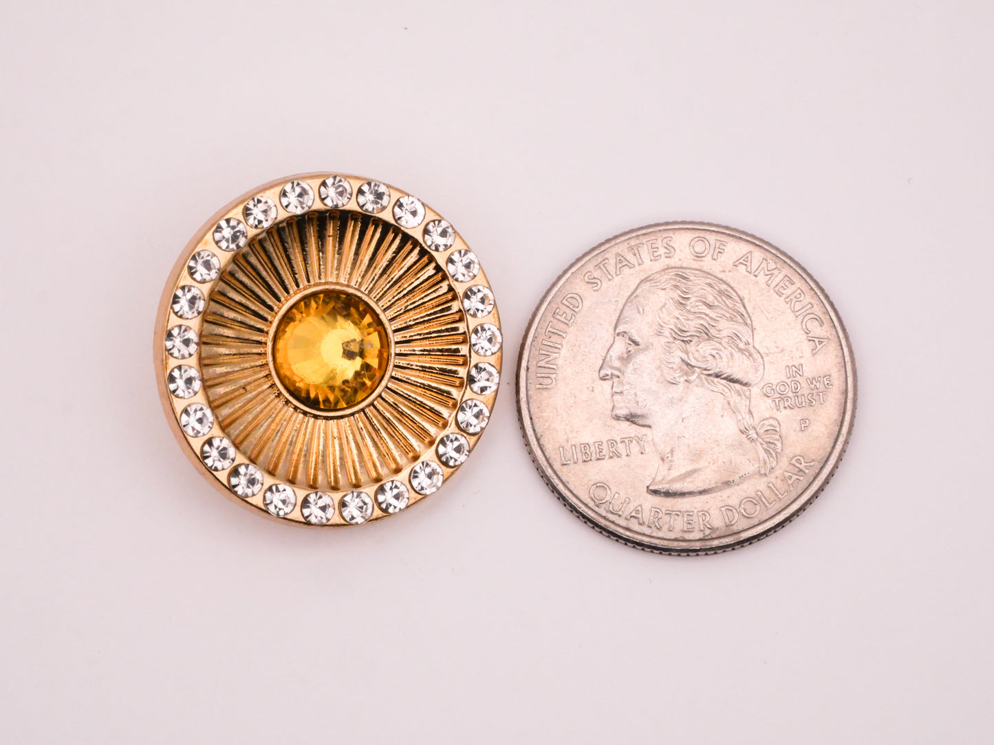 Sun Sunburst Celestial Citrine Glass Rhinestone Gold Metal Button 25mm