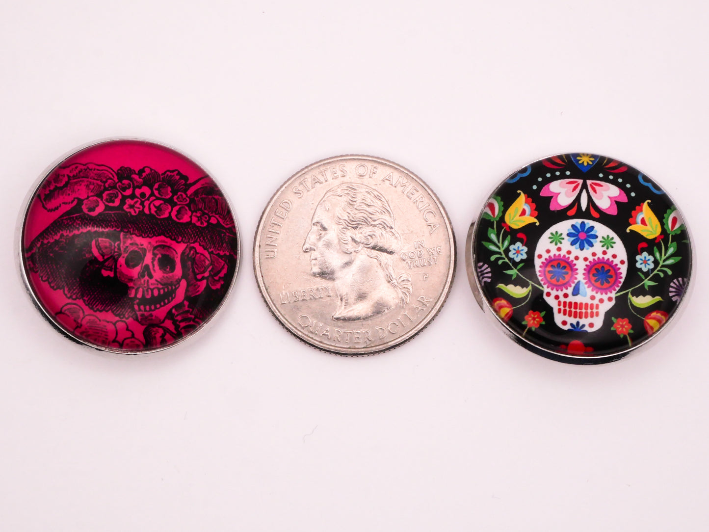 Sugar Skull Skeleton Hat Flowers Glass Dome Silver Metal Button Various 27mm