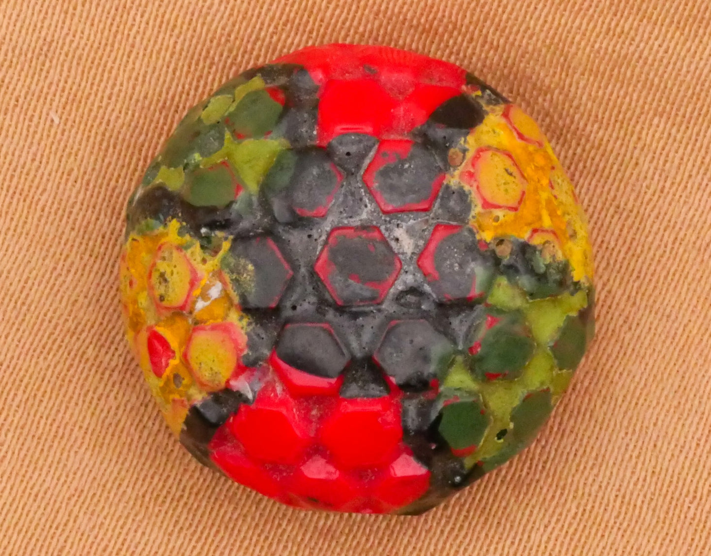 Hexagon Design Hand-Painted Vintage Red Glass Button 18mm