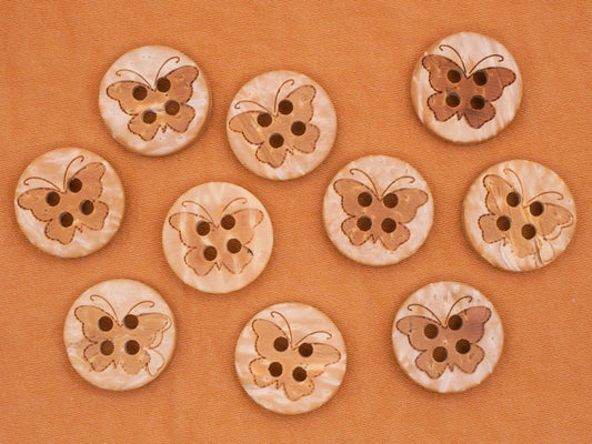 Butterfly Laser Etched Coconut Shell Natural Set of Ten Buttons 15mm