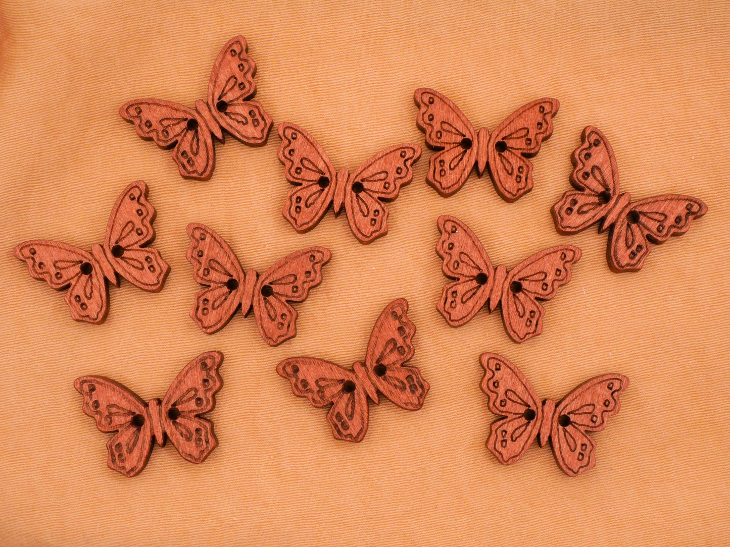 Butterfly Shape Laser Etched Wood Set of Ten Buttons 18x24mm