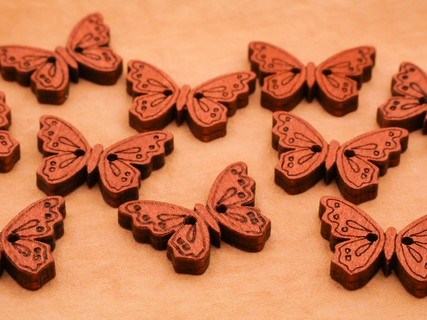 Butterfly Shape Laser Etched Wood Set of Ten Buttons 18x24mm