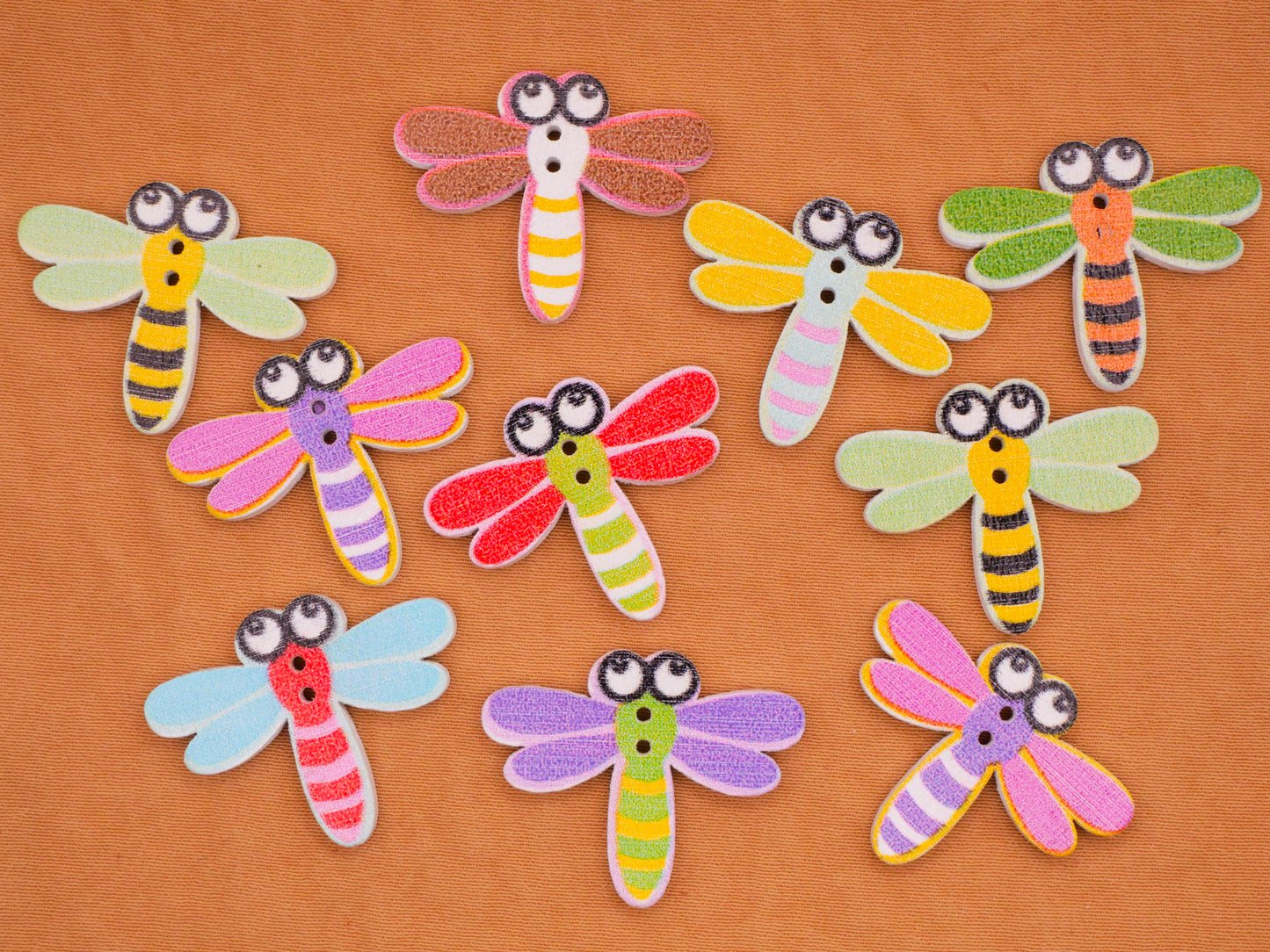 Dragonfly Colorful Wood Assorted Set of Ten Buttons 20x25mm