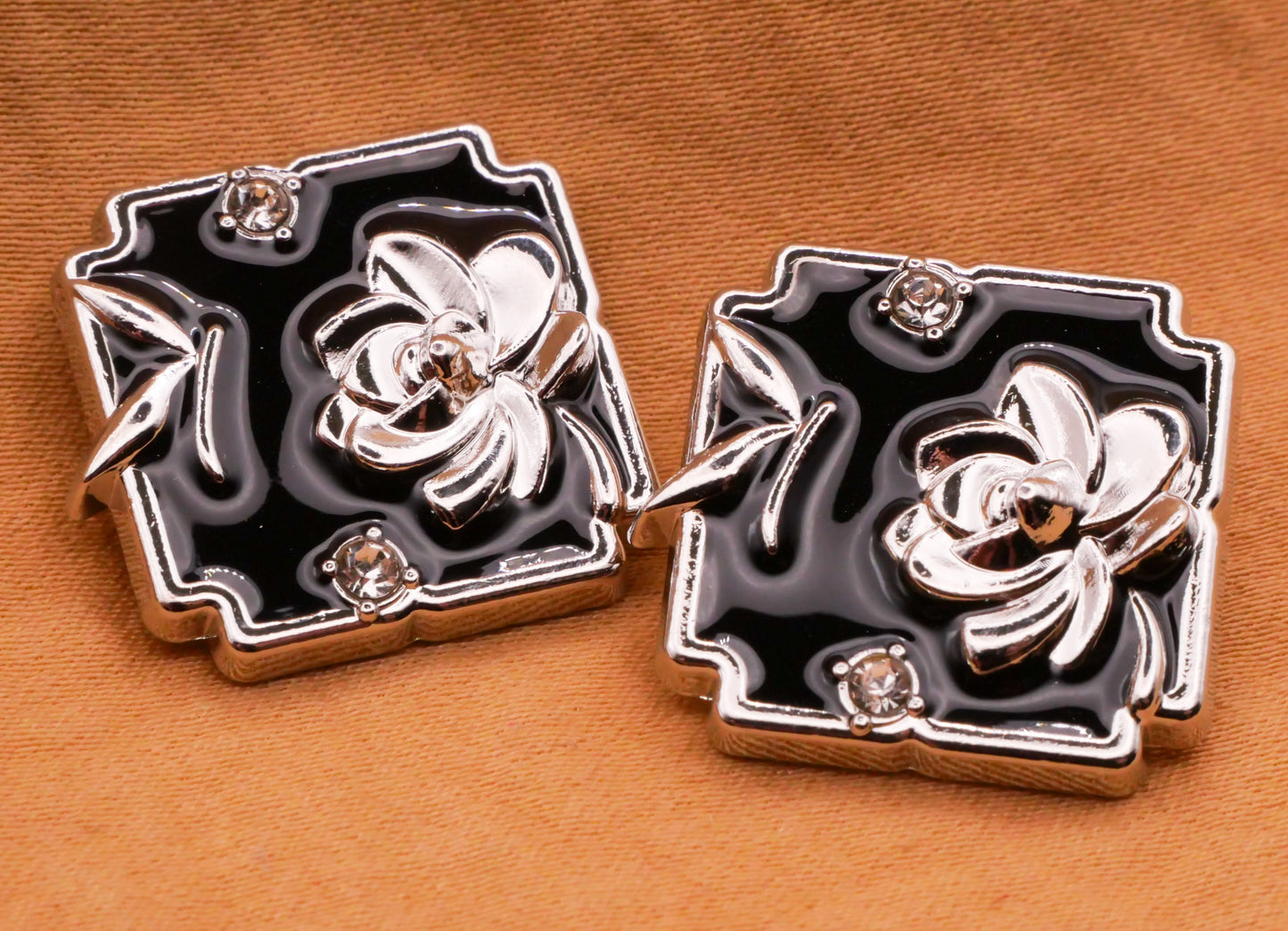 Rose Flower Butterfly Black Enamel Silver Metal Button 20x22mm