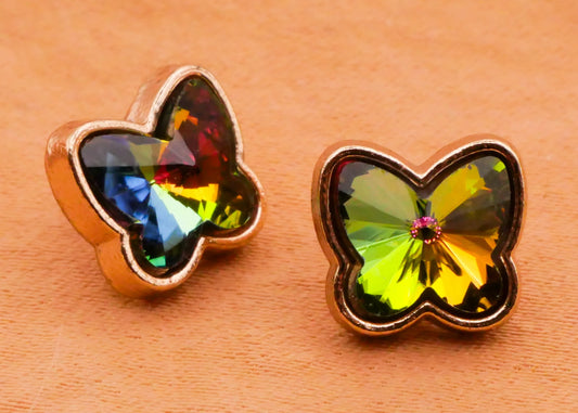 Butterfly Rainbow Iridescent Glass Rhinestone Gold Metal Pair of Buttons 9x10mm