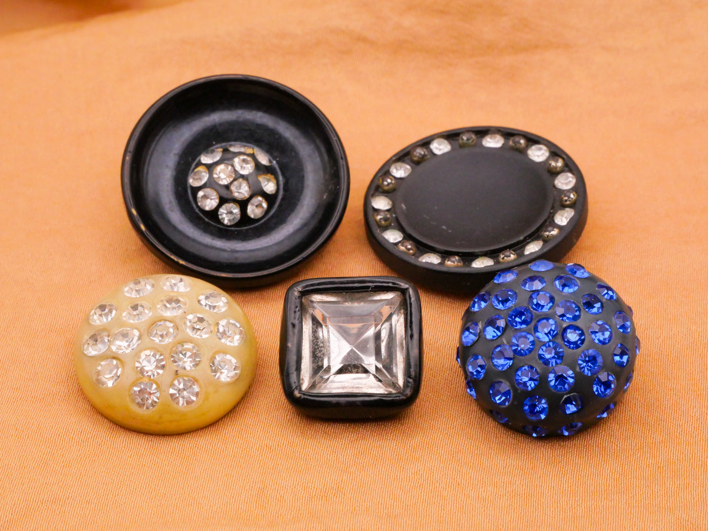 Rhinestone Celluloid Early Plastic Black Ivory Cobalt Blue Button Various 17-27mm