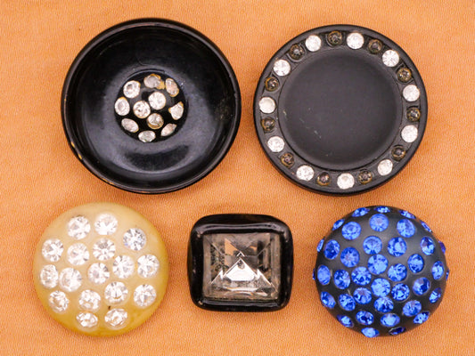 Rhinestone Celluloid Early Plastic Black Ivory Cobalt Blue Button Various 17-27mm