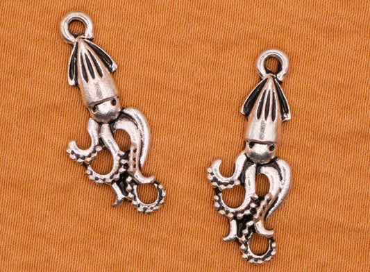 Squid Octopus Silver Metal Pair of Charms Embellishments 10x24mm