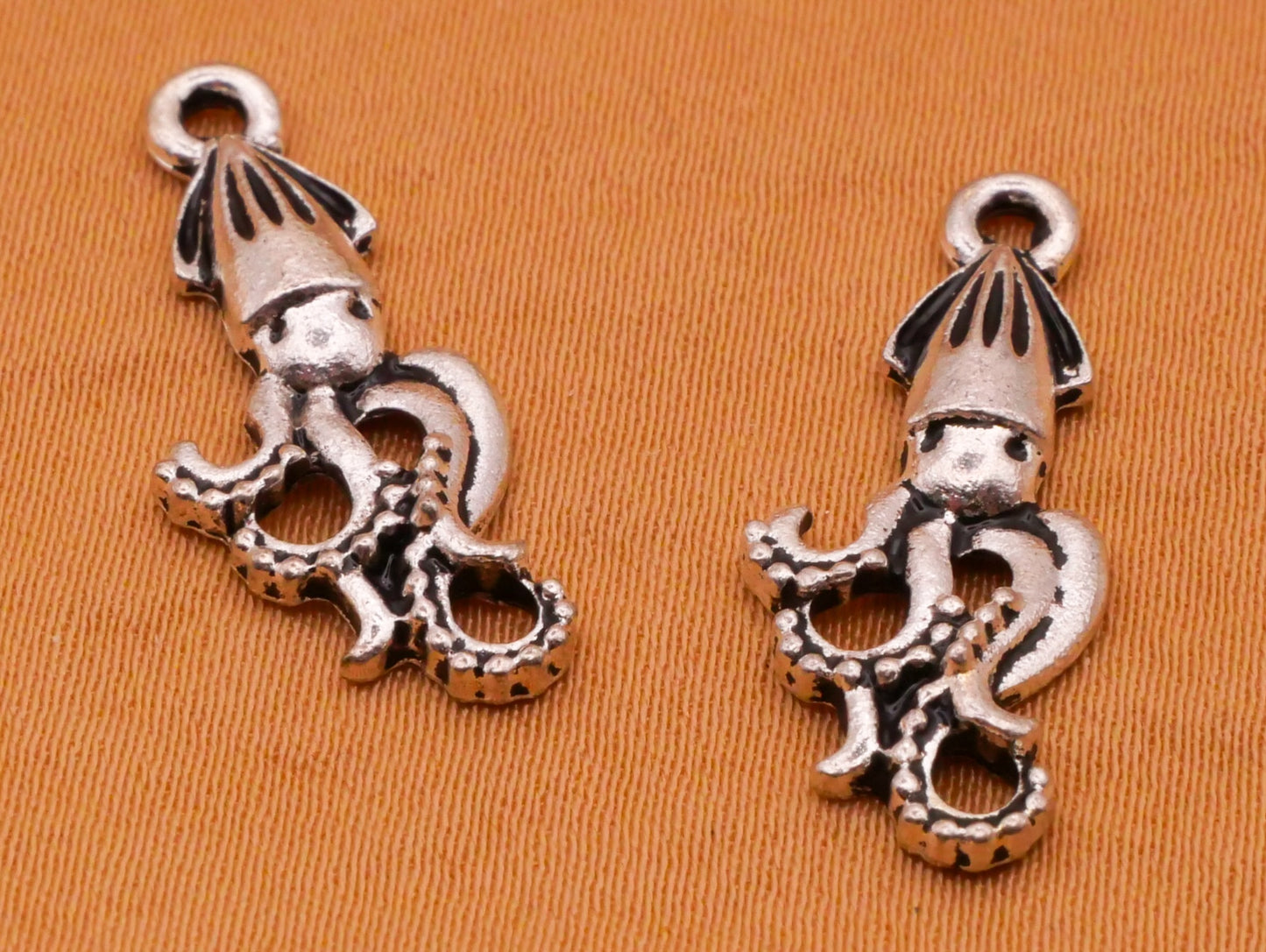 Squid Octopus Silver Metal Pair of Charms Embellishments 10x24mm