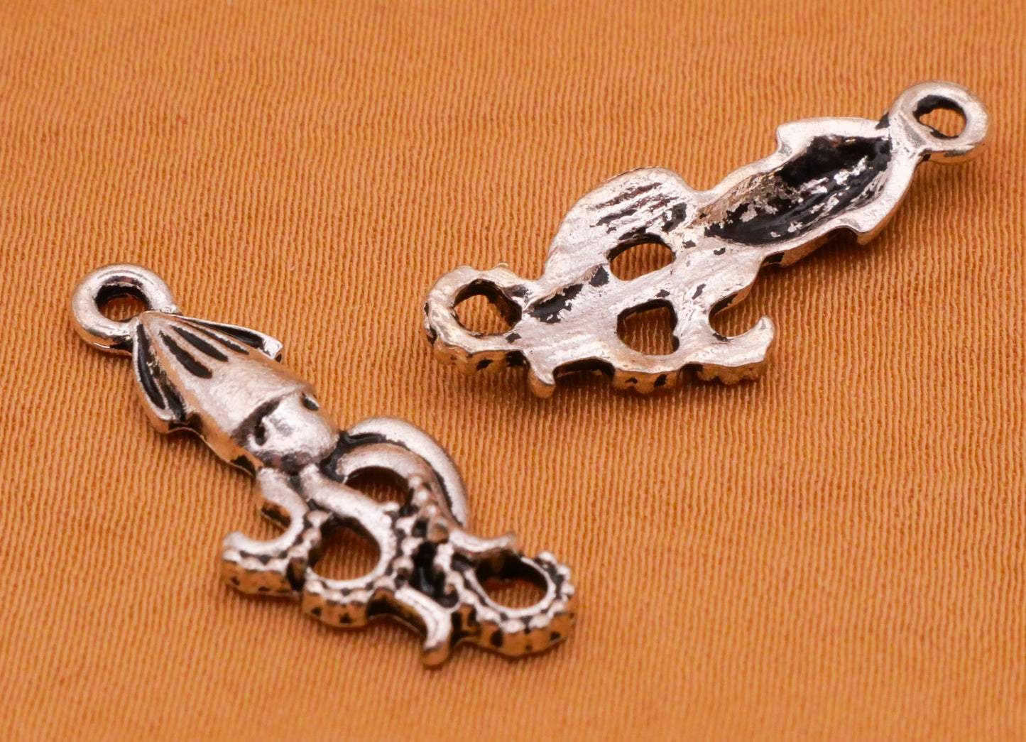 Squid Octopus Silver Metal Pair of Charms Embellishments 10x24mm