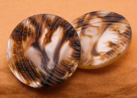 Looks Like Marbled Shell Vintage Brown Ivory Textured Plastic Pair of Buttons 25mm