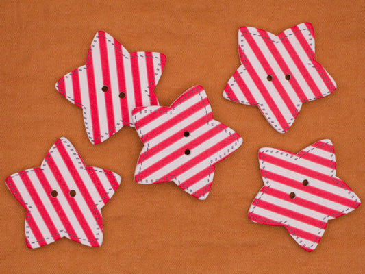 Star Red White Stripe Wood Set of Five Buttons 29mm