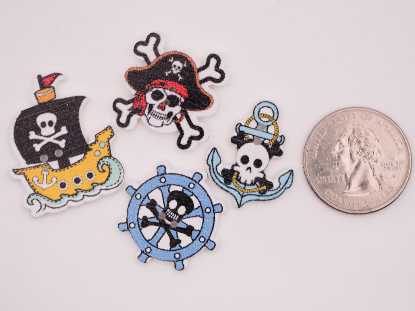 Pirate Ship Wheel Anchor Skull Crossbones Wood Set of Ten Buttons 21-32mm