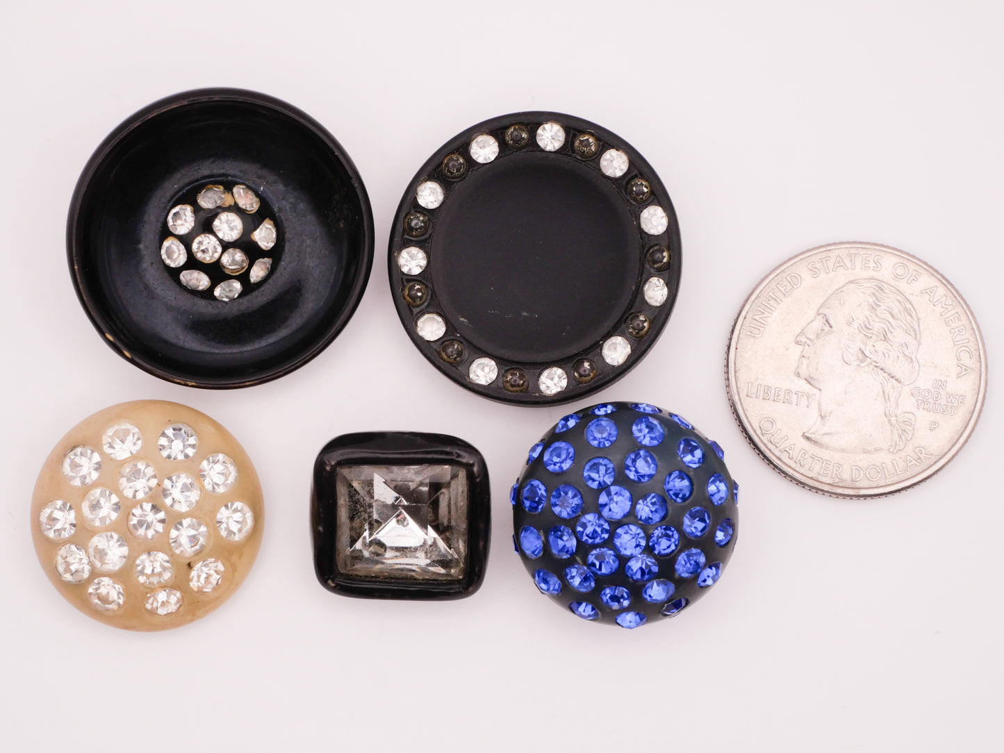 Rhinestone Celluloid Early Plastic Black Ivory Cobalt Blue Button Various 17-27mm