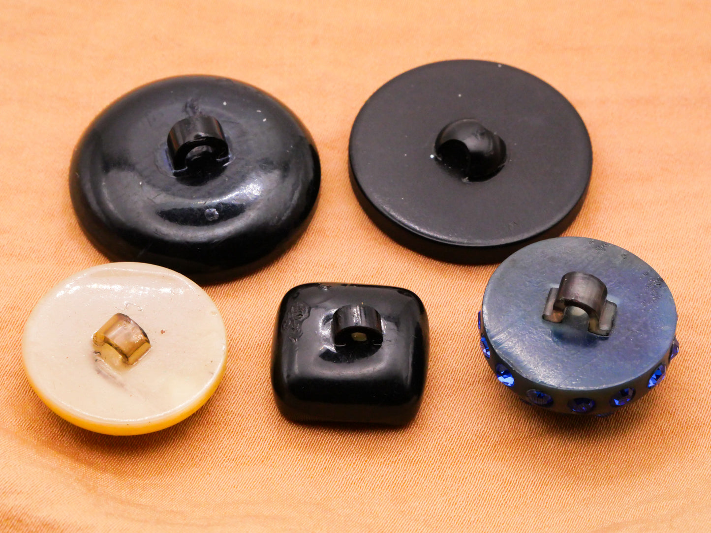 Rhinestone Celluloid Early Plastic Black Ivory Cobalt Blue Button Various 17-27mm