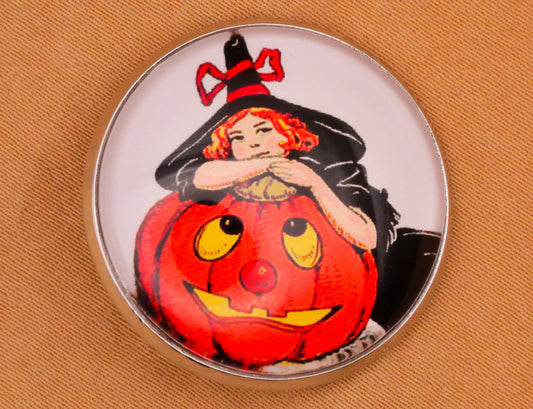 Witch Pumpkin Jack O' Lantern Glass Dome Silver Metal Button 27mm