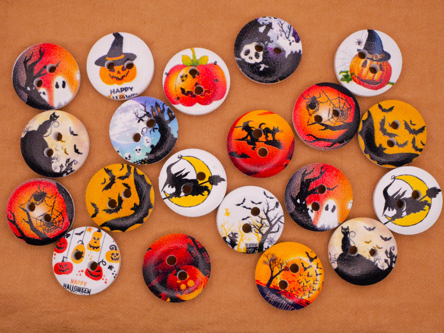 Halloween Pumpkin Witch Bats Moon Wood Set of Twenty Buttons 15mm