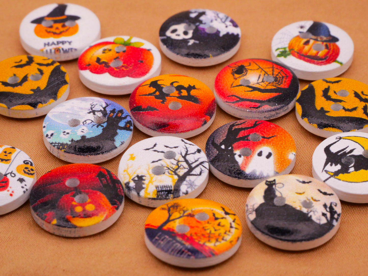 Halloween Pumpkin Witch Bats Moon Wood Set of Twenty Buttons 15mm