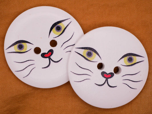 Cat Kitty Face Green Eyes Large Wood Pair of Buttons 40mm