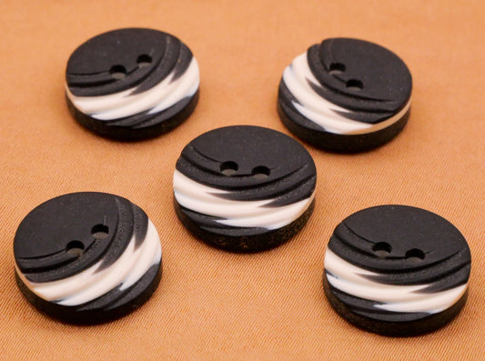 Lightening Black White Laminated Carved Vintage Plastic Set of Five Buttons 15mm