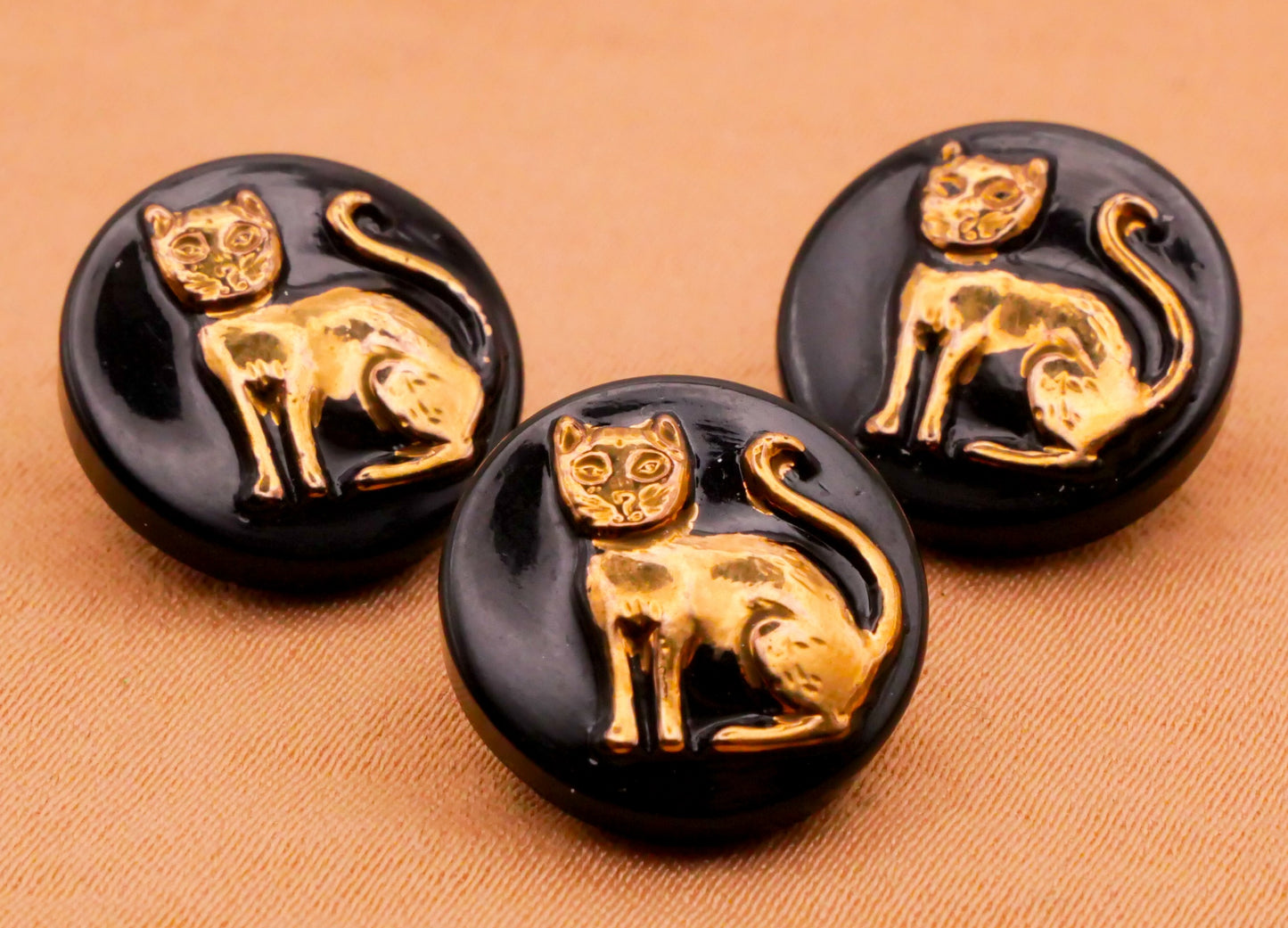 Gold Cat Kitty Black Glass Vintage Button 14mm