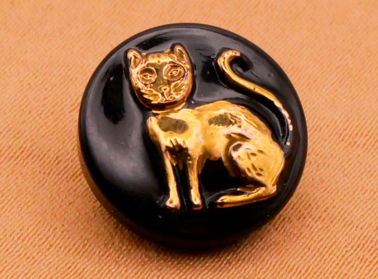 Gold Cat Kitty Black Glass Vintage Button 14mm