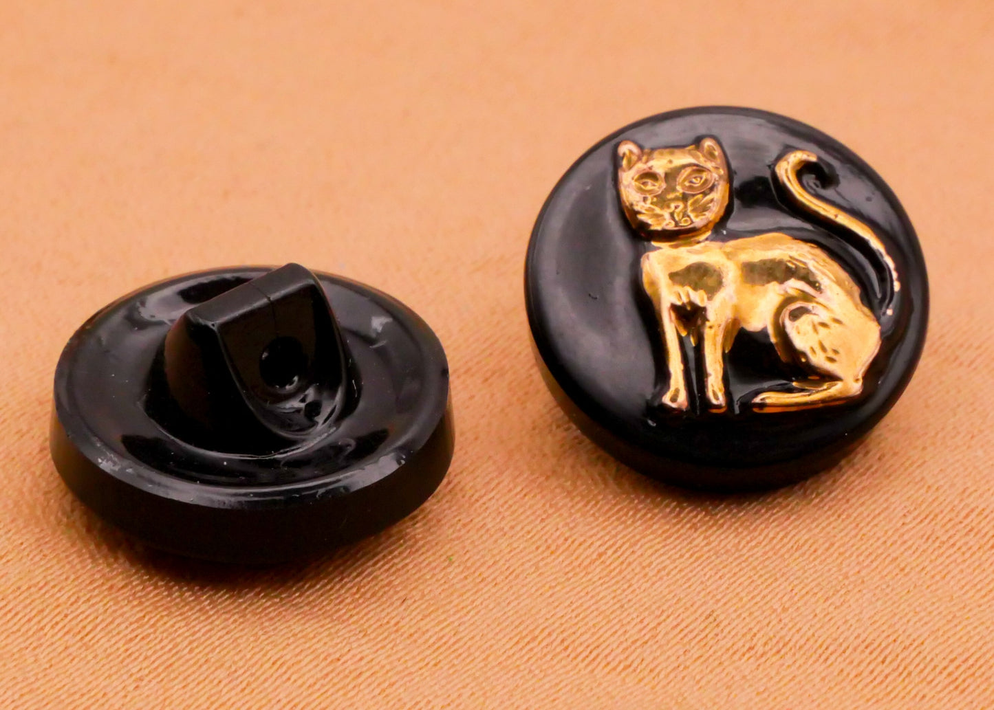 Gold Cat Kitty Black Glass Vintage Button 14mm