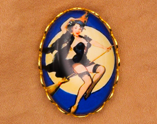 Witch Pin-Up Girl Broomstick Moon Oval Gold Metal Button 19x26mm