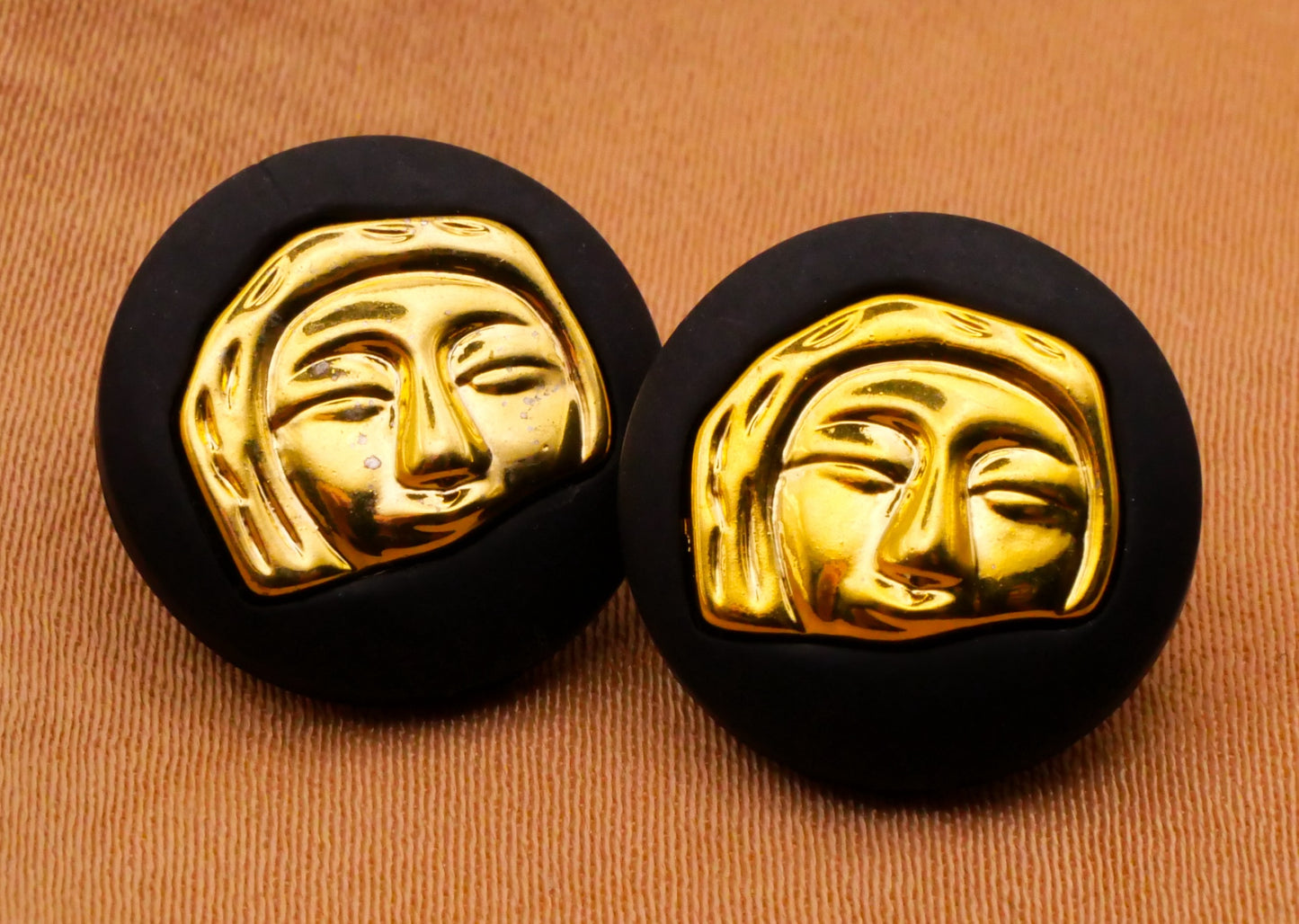 Mask Face Gold Black Plastic Pair of Buttons 15mm