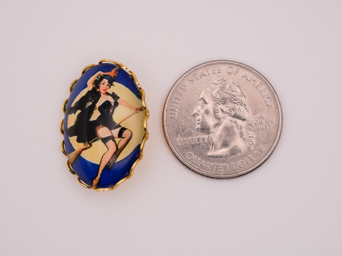 Witch Pin-Up Girl Broomstick Moon Oval Gold Metal Button 19x26mm