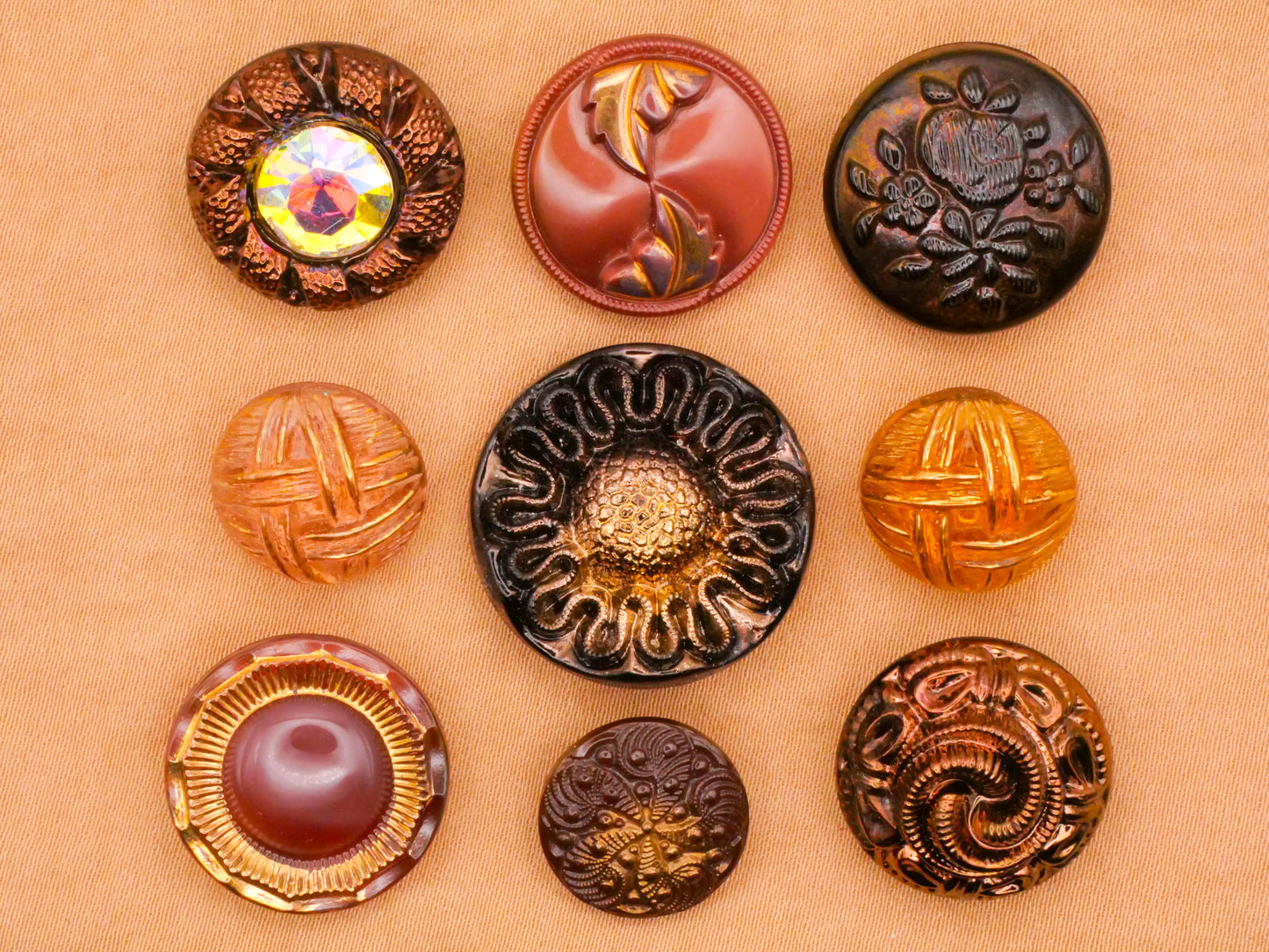 Metallic Vintage Glass Brown Cognac Mustard Button Various 14-22mm