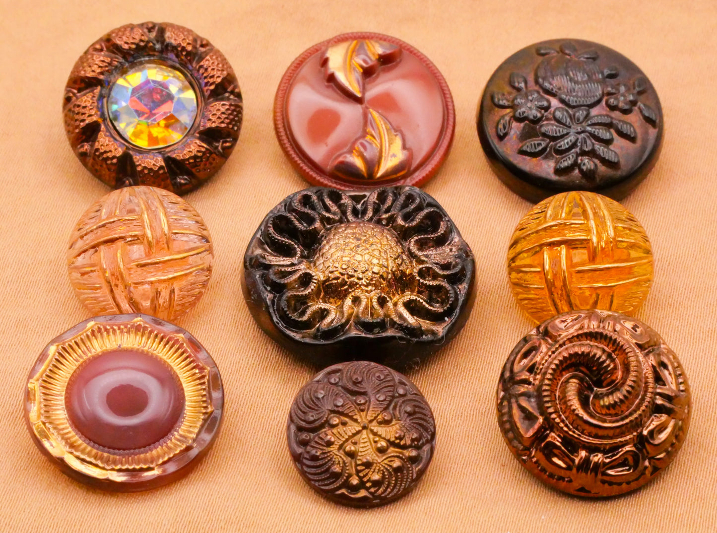 Metallic Vintage Glass Brown Cognac Mustard Button Various 14-22mm