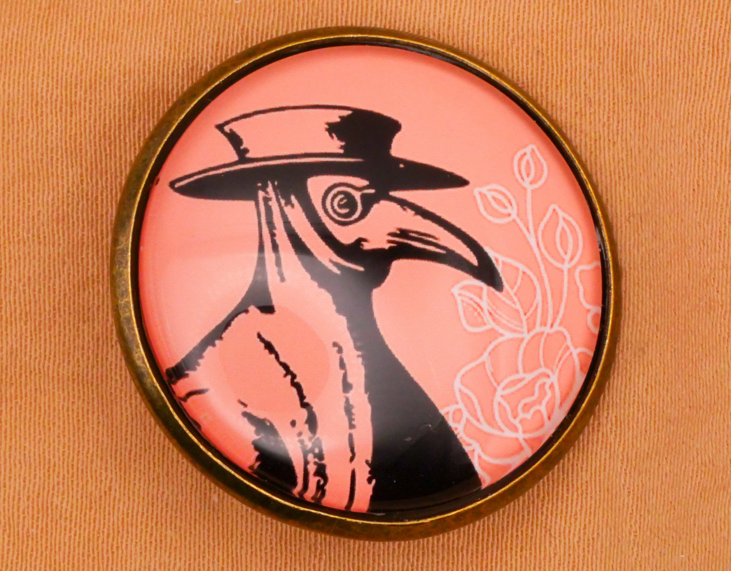 Plague Doctor Mask Flowers Glass Bronze Metal Button 28mm