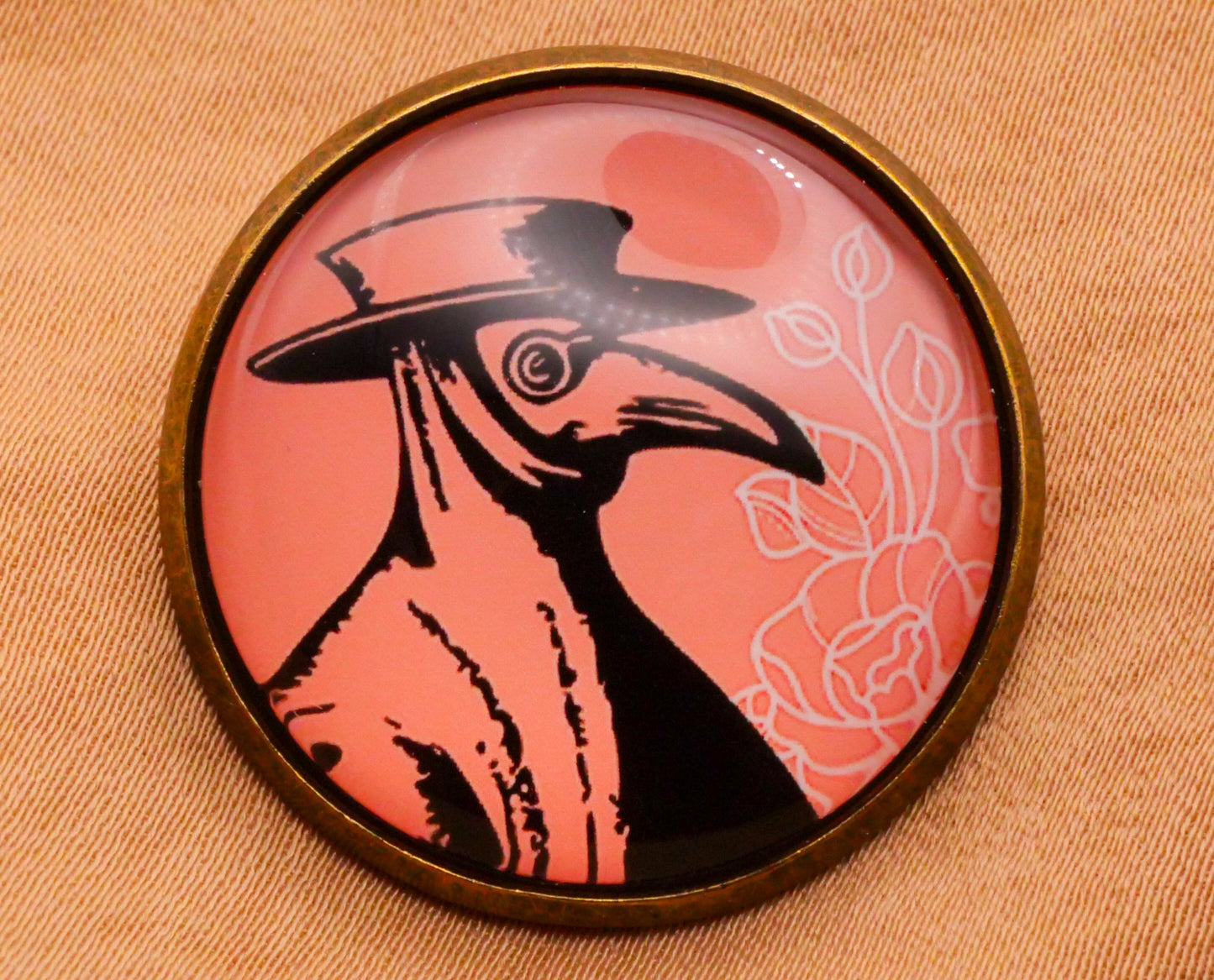 Plague Doctor Mask Flowers Glass Bronze Metal Button 28mm