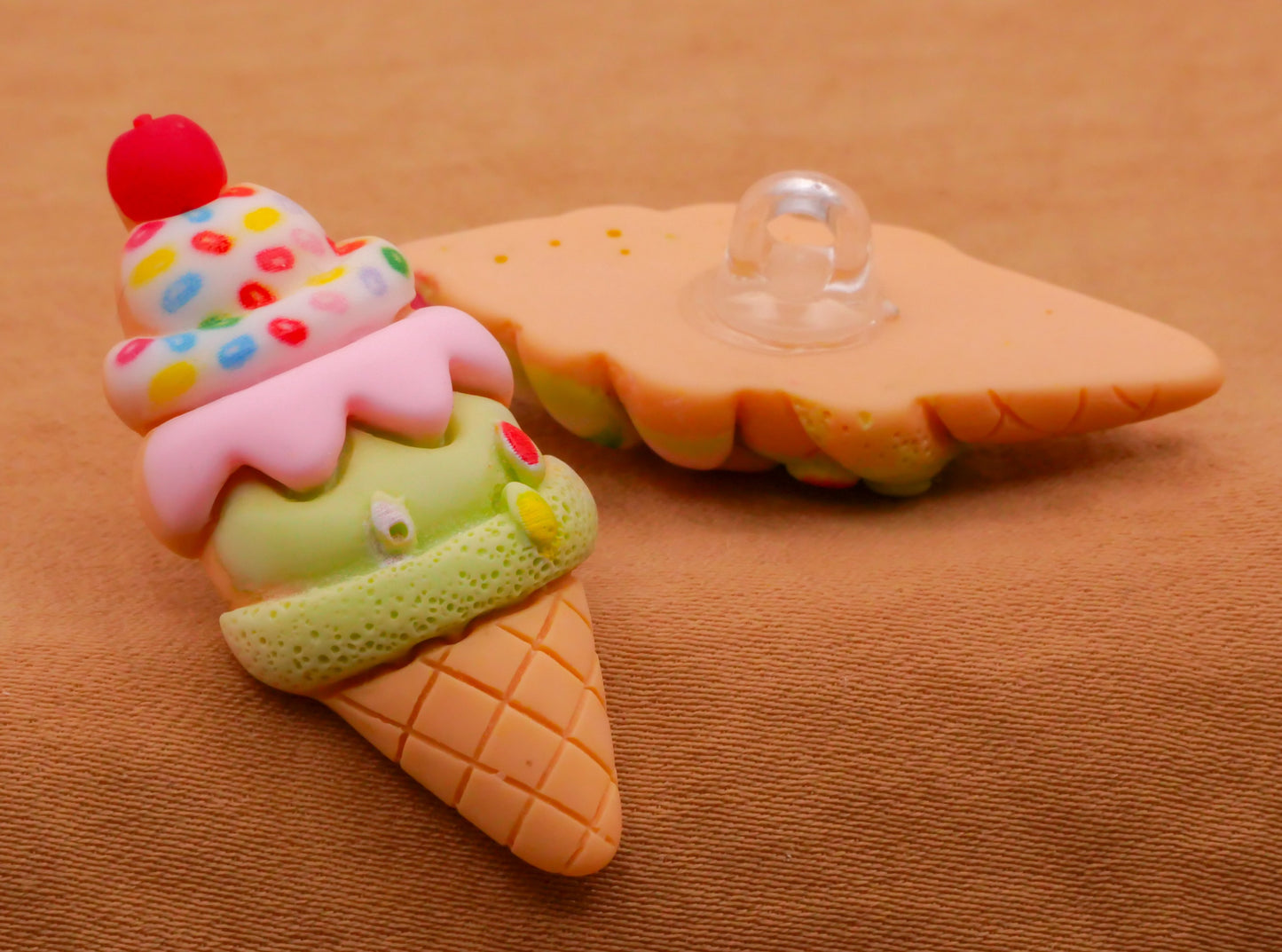 Ice Cream Cone Strawberry Pistachio Sprinkles Cherry Plastic Button 16x37mm