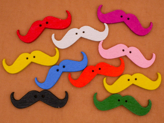 Mustache Colorful Wood Sew-Thru Assorted Set of Ten Buttons 22x35mm