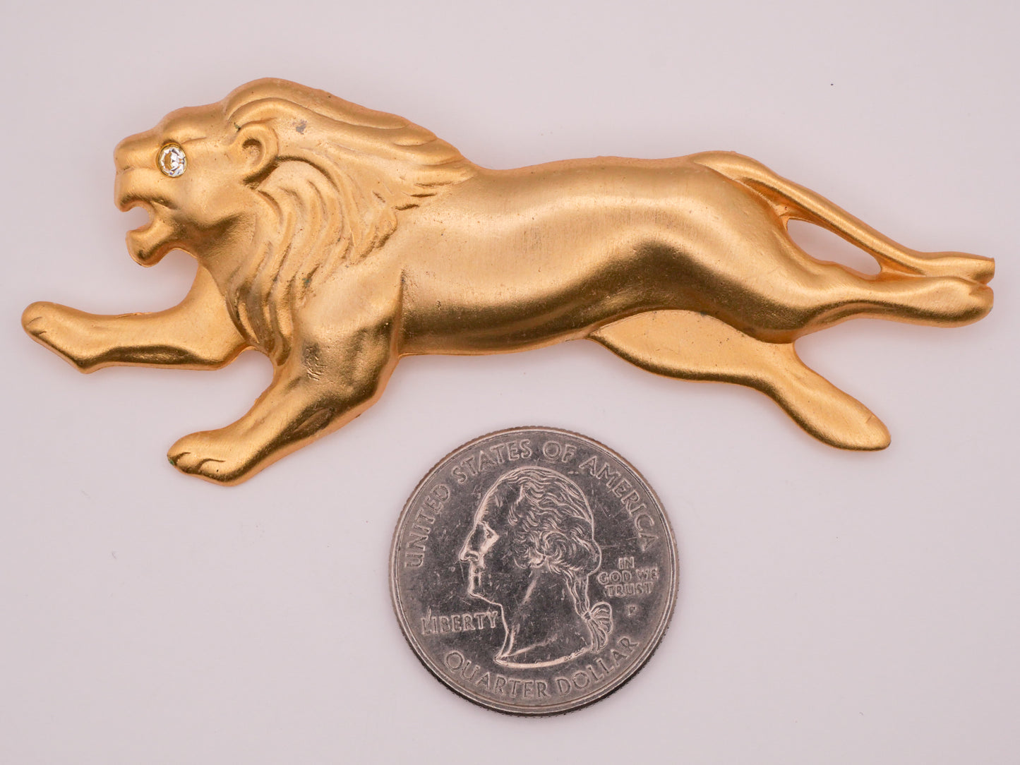 Lion Running Rhinestone Eye Gold Metal Triple Shank Large Vintage Button 33x81mm