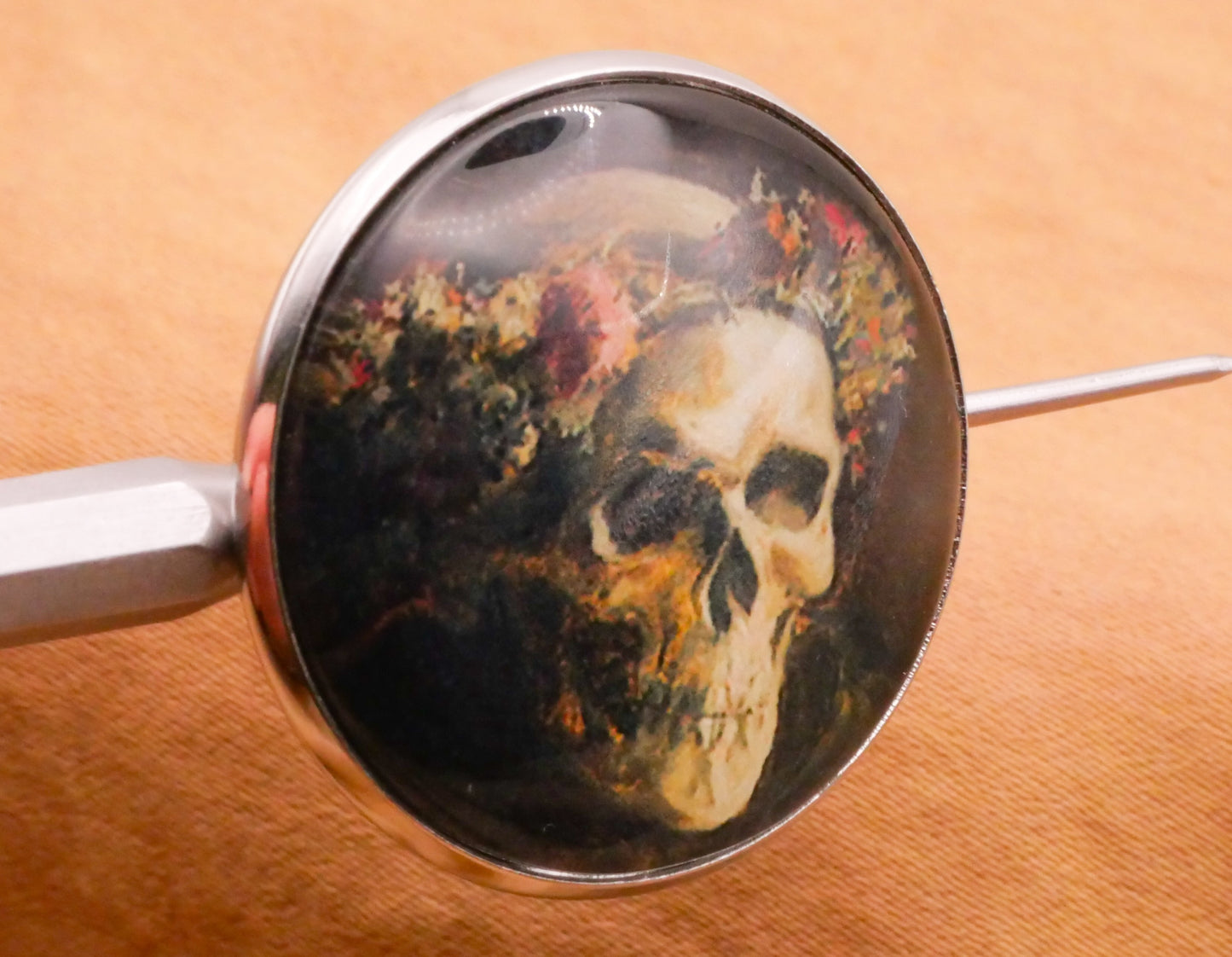 Skull Wearing Wreath Flowers Thomas Satterwhite Noble Glass Dome Silver Metal Button 27mm