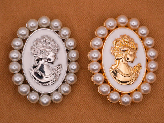 Cameo Enamel Pearl Edge Large Silver Gold Metal Button Various 30x38mm